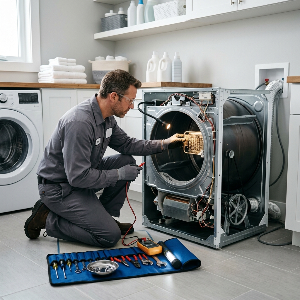 Dryer vent and heating system inspection in a compact laundry closet in a Panorama City, CA apartment