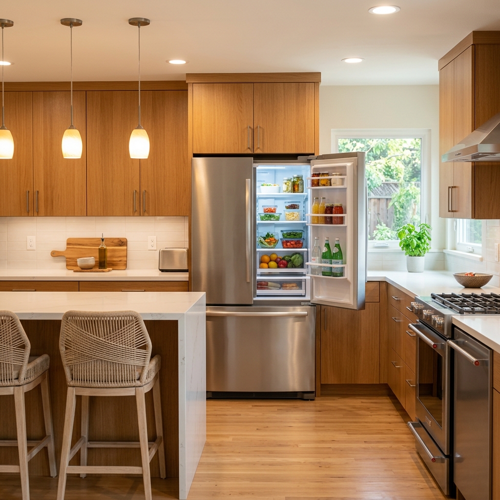 Modern residential kitchen with built-in refrigerator and cooking appliances in a Panorama City, CA home in the San Fernando Valley